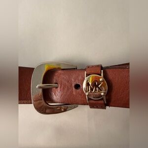 Michael Kors Brown Leather Belt | Gold MK Logo Buckle Designer Belt